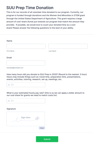 Volunteer Hours Donation Record Form Template