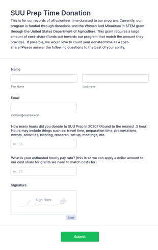 Volunteer Hours Donation Record Form Template