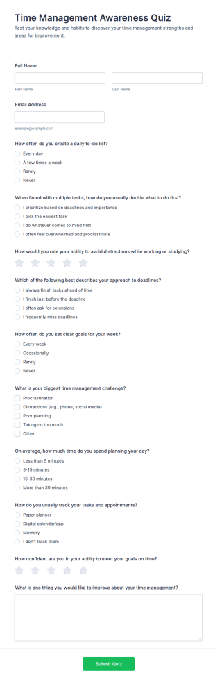 Time Management Awareness Quiz Form Template