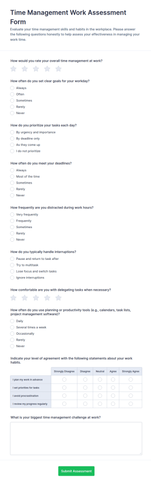 Time Management Work Assessment Form Template