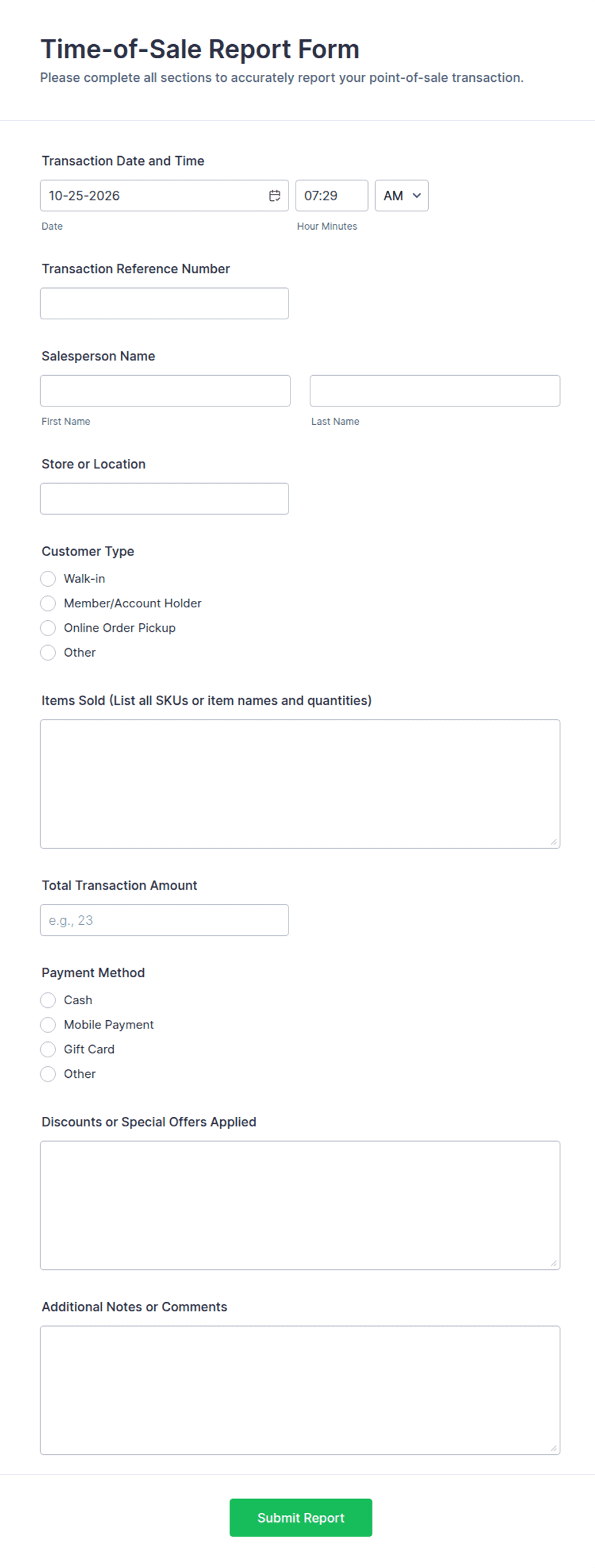 Mircrosoft Forms Report Examples Time-of-Sale Report Form Template | Jotform