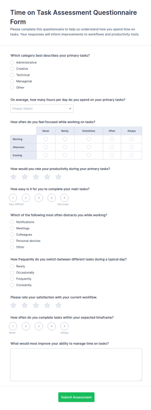 Time On Task Assessment Questionnaire Form Template