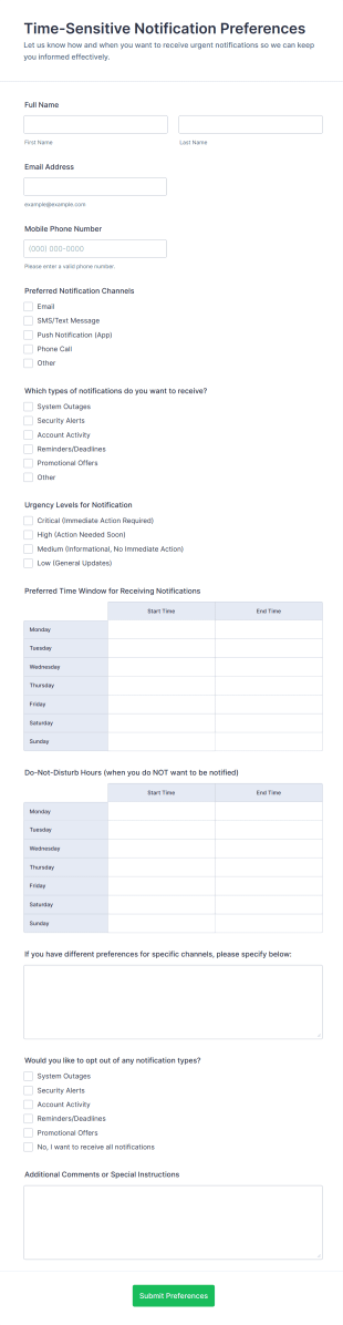 Time Sensitive Notification Preferences Form Template