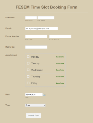 Time Slot Booking Form USM