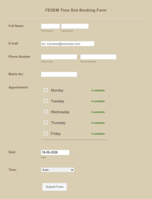 Time Slot Booking Form USM