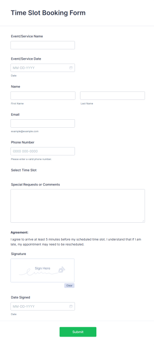 Time Slot Booking Form Template
