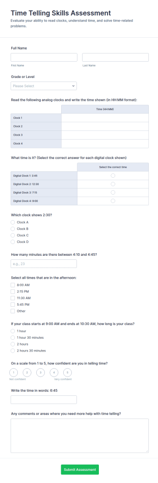 Time Telling Skills Assessment Form Template