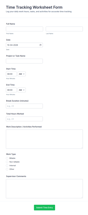 Time Tracking Worksheet Form Template