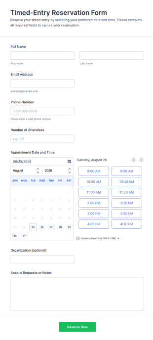 Timed Entry Reservation Form Template