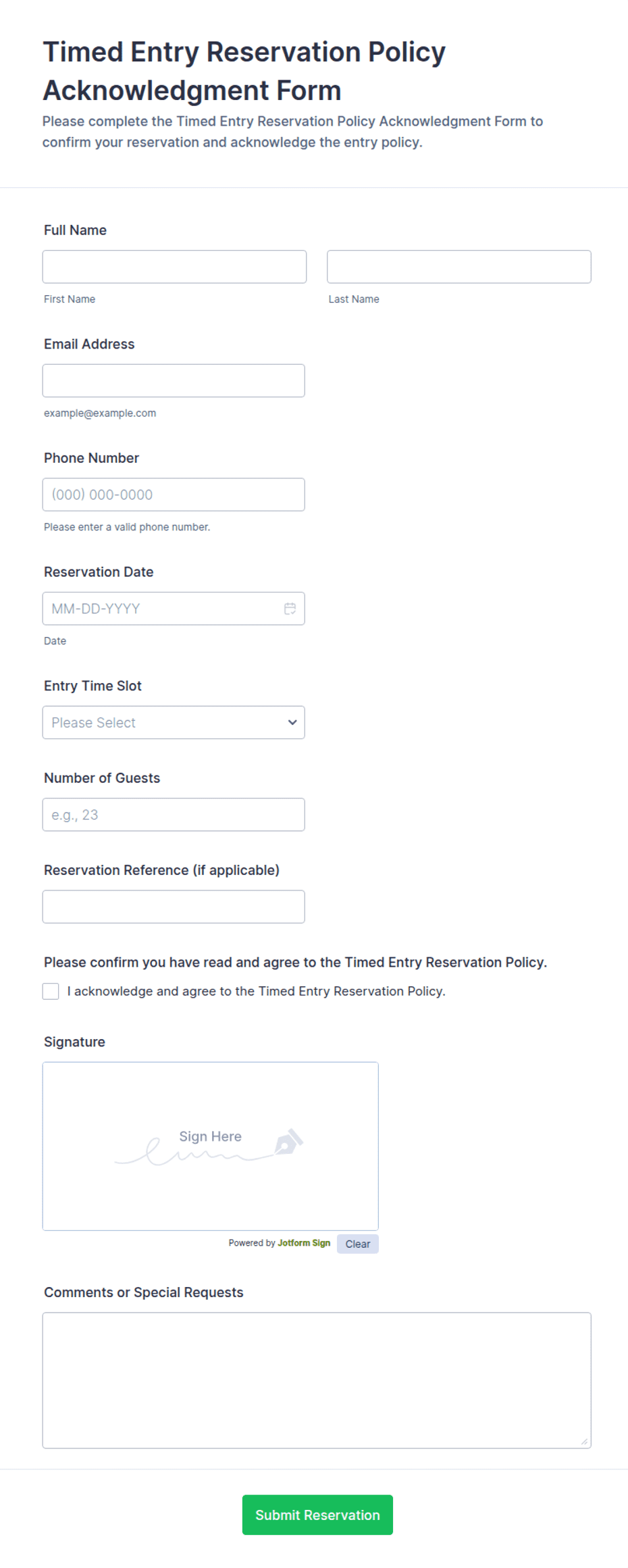 Timed Entry Reservation Policy Acknowledgment Form Template | Jotform