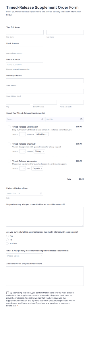 Timed Release Supplement Order Form Template