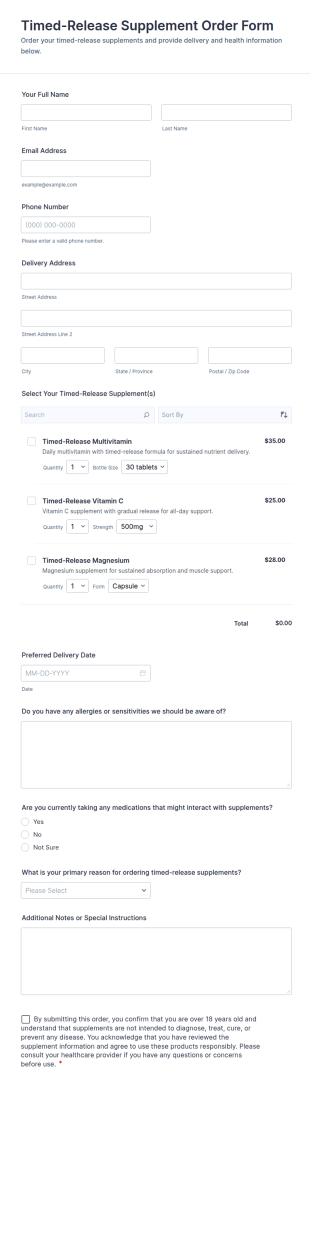 Timed Release Supplement Order Form Template