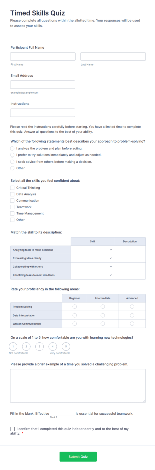 Timed Skills Quiz Form Template
