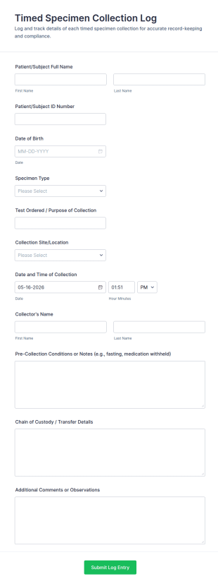 Timed Specimen Collection Log Form Template