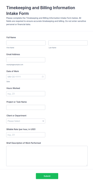 Timekeeping And Billing Information Intake Form Template
