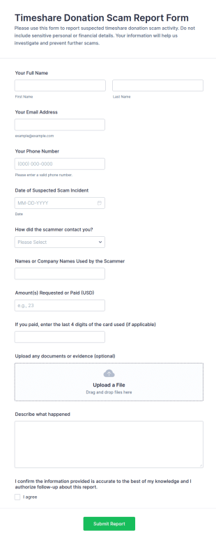 Timeshare Donation Scam Report Form Template