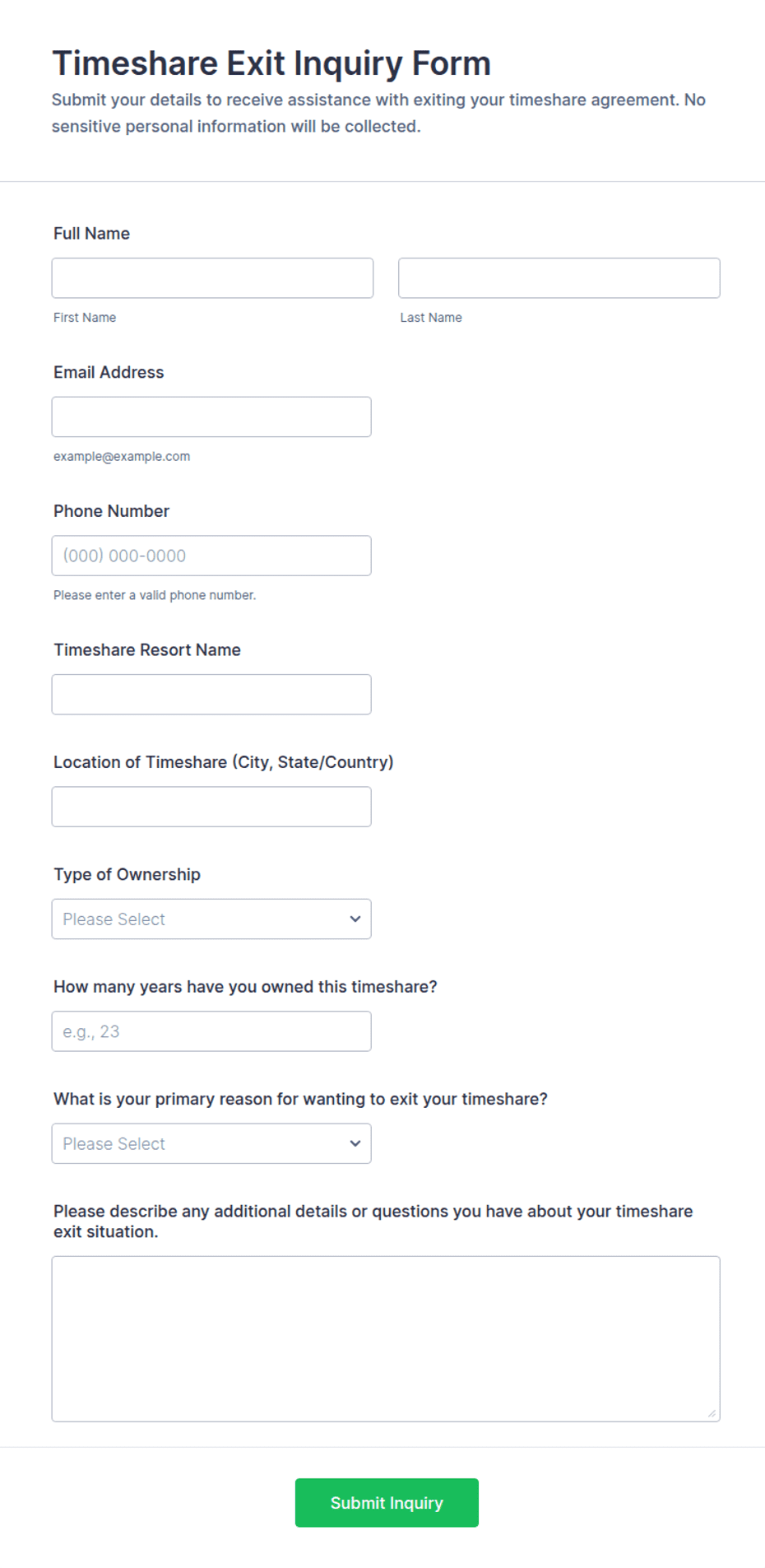 Timeshare Exit Inquiry Form Template | Jotform