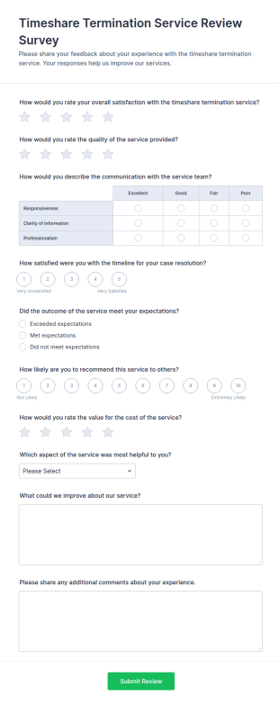 Timeshare Termination Service Review Survey Form Template