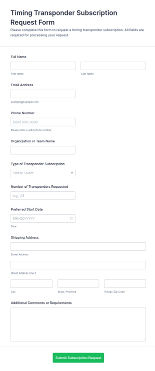 Timing Transponder Subscription Request Form Template
