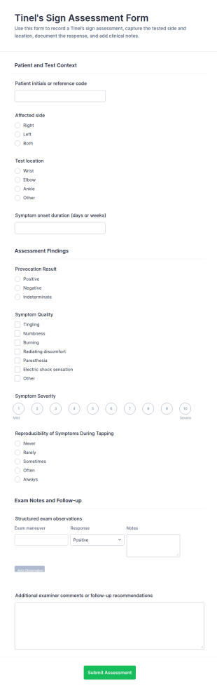 Tinel’s Sign Assessment Form Template