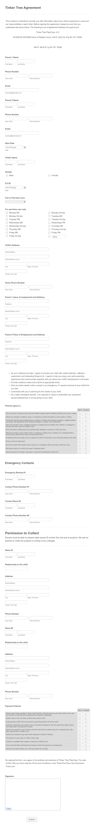 Tinker Tree Group Family Daycare Agreement Form Template
