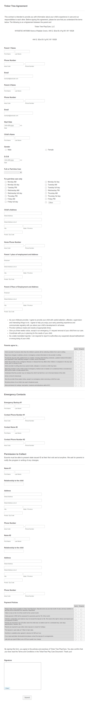 Tinker Tree Group Family Daycare Agreement Form Template