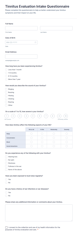 Tinnitus Evaluation Intake Questionnaire Form Template