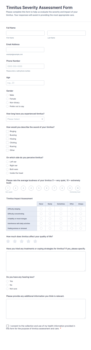 Tinnitus Severity Assessment Form Template