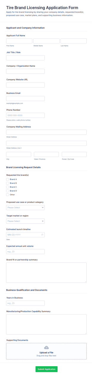 Tire Brand Licensing Application Form Template