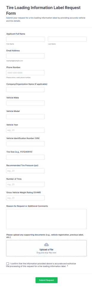 Tire Loading Information Label Request Form Template