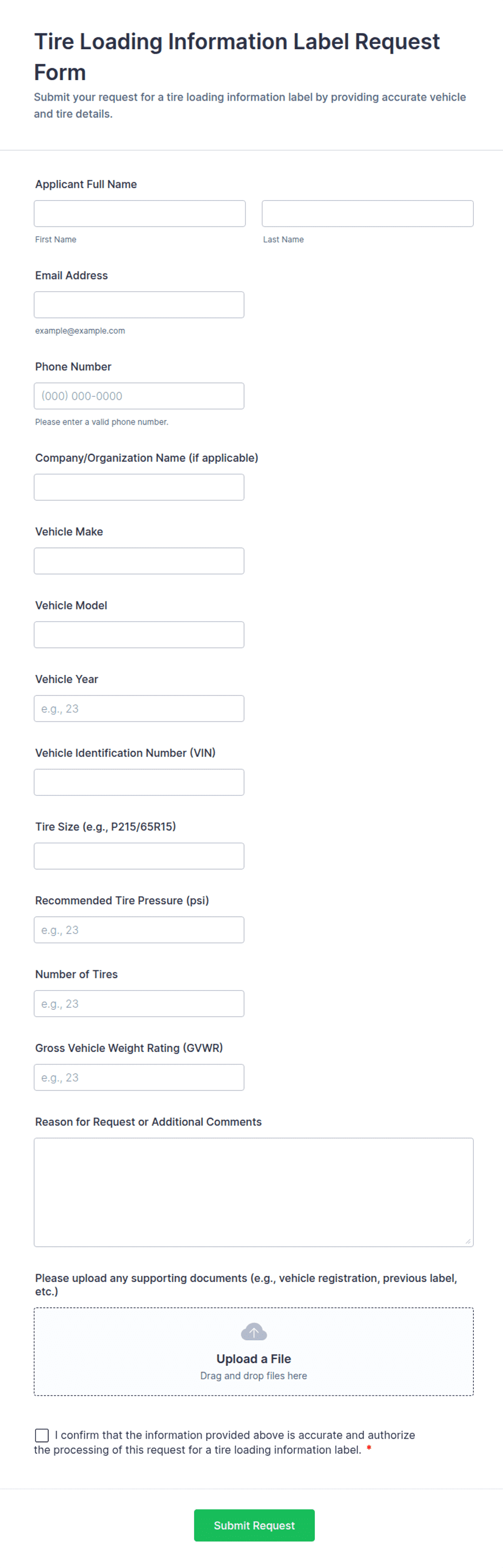 Tire Loading Information Label Request Form Template | Jotform