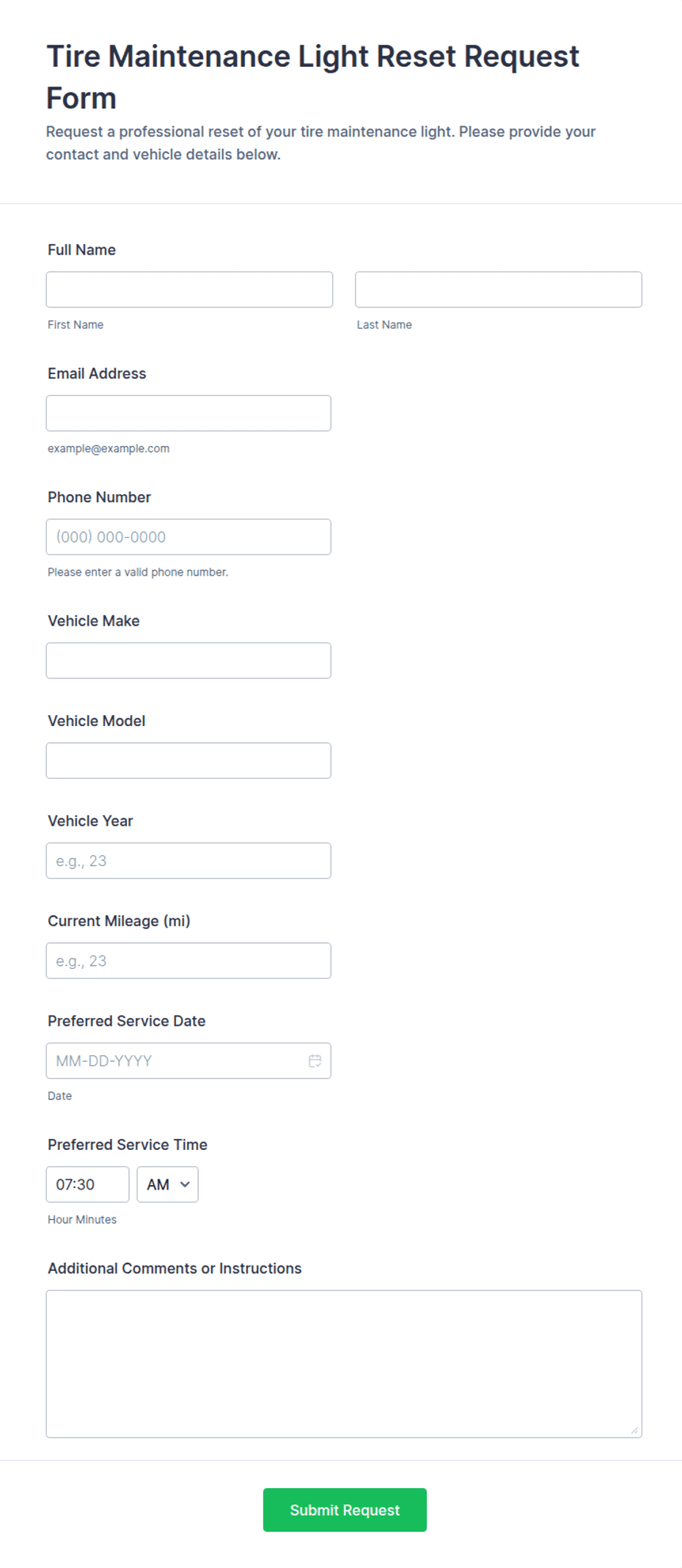 Tire Maintenance Light Reset Request Form Template | Jotform