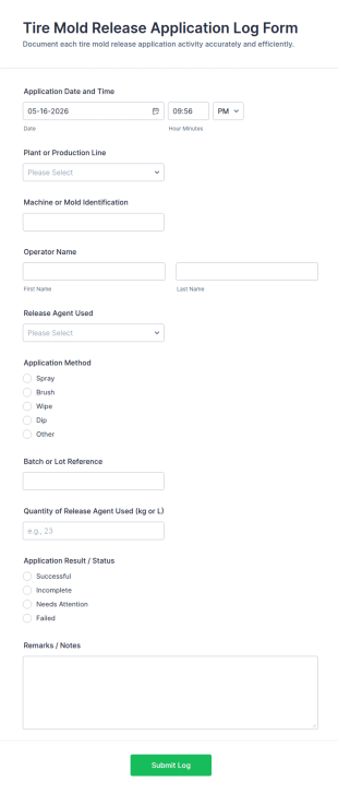 Tire Mold Release Application Log Form Template