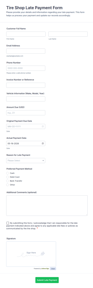Tire Shop Late Payment Form Template
