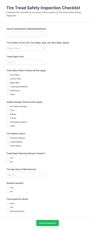 Tire Tread Safety Inspection Checklist Form Template