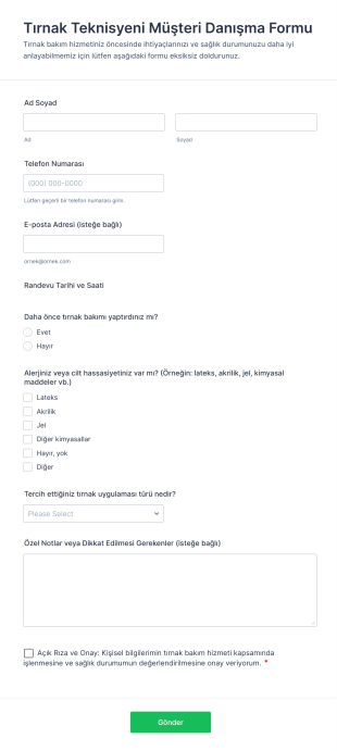 Tırnak Teknisyeni Müşteri Danışma Form Şablonu