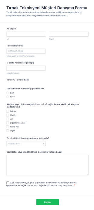Tırnak Teknisyeni Müşteri Danışma Form Şablonu