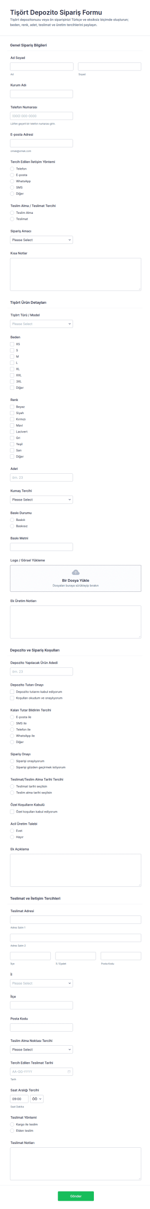 Tişört Depozito Sipariş Form Şablonu
