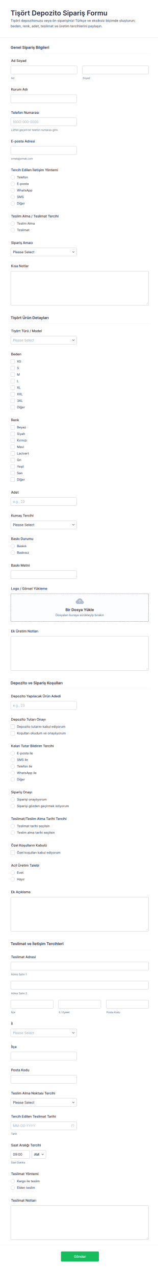 Tişört Depozito Sipariş Form Şablonu