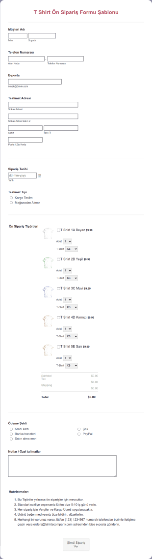Tişört Ön Sipariş Formu Form Template