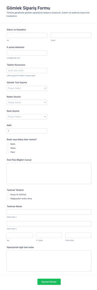 Tişört Siparişleri Form Şablonu