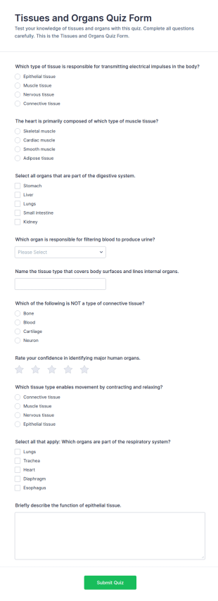 Tissues And Organs Quiz Form Template