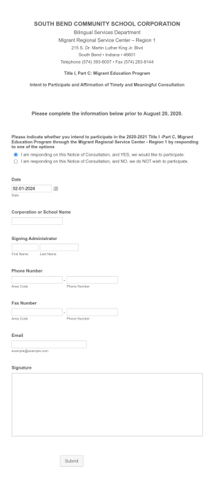 Title I, Part C Intent To Participate And Affirmation Of Timely And Meaningful Consultation Form Template