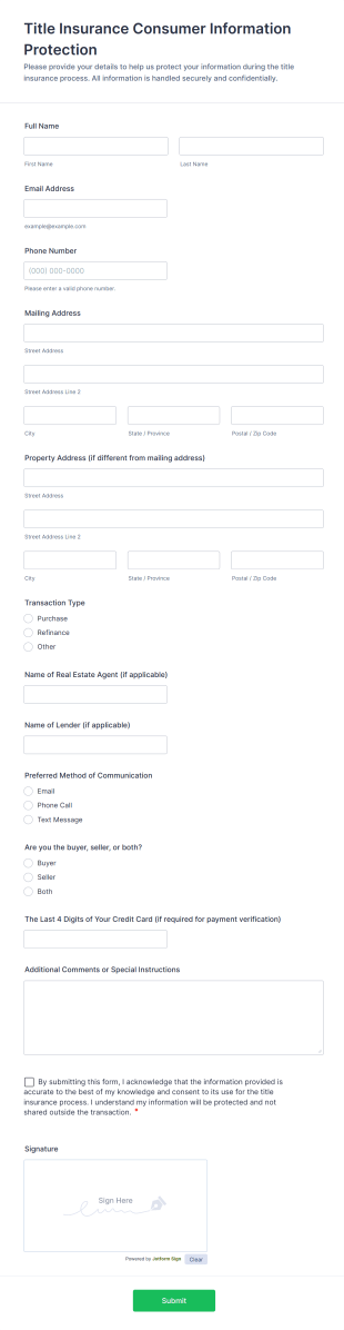 Title Insurance Consumer Information Protection Form Template