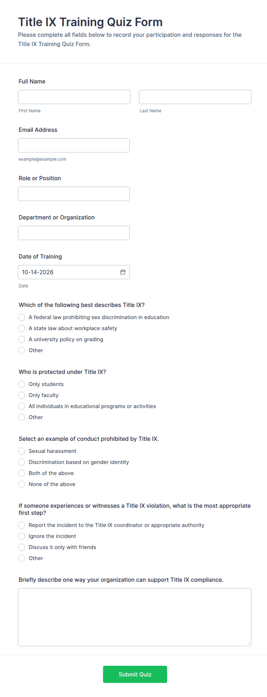 Title IX Training Quiz Form Template | Jotform