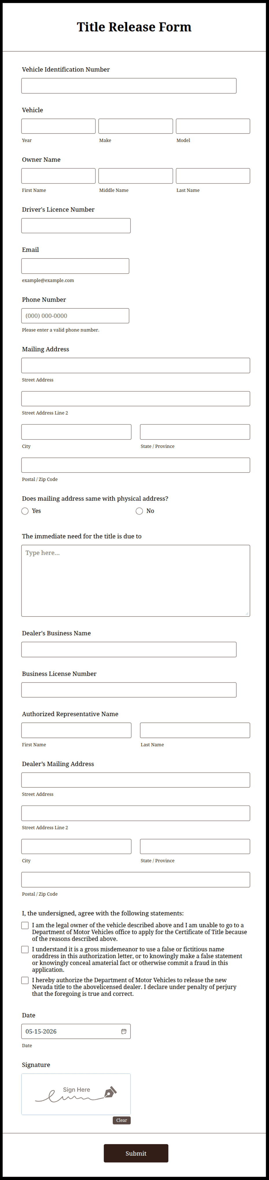 Title Collection Form Title Release Form Template | Jotform
