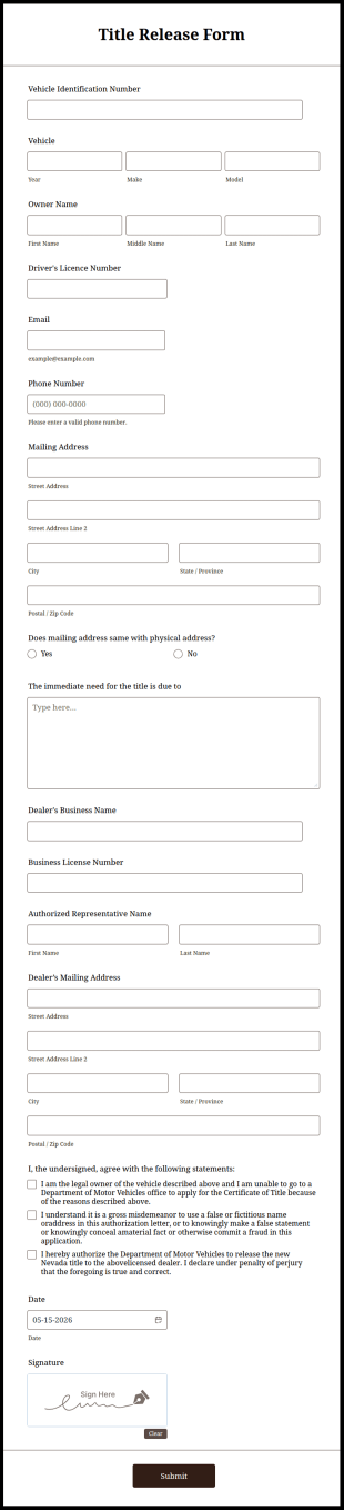 Title Release Form Template