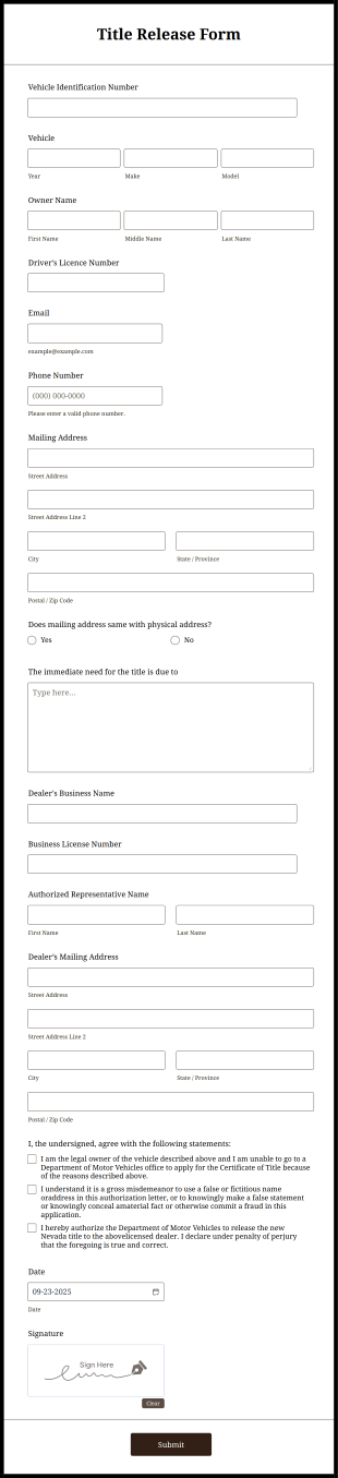 Title Release Form Template