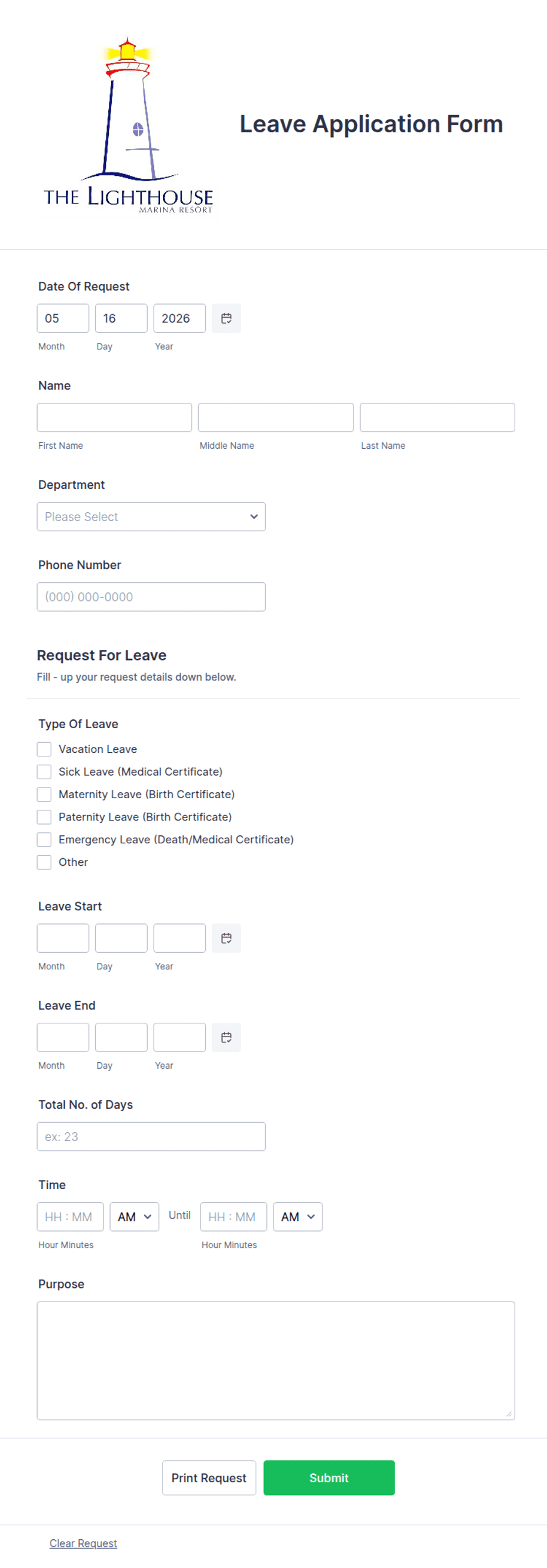 Marina Resort Employee Leave Application Form Template | Jotform