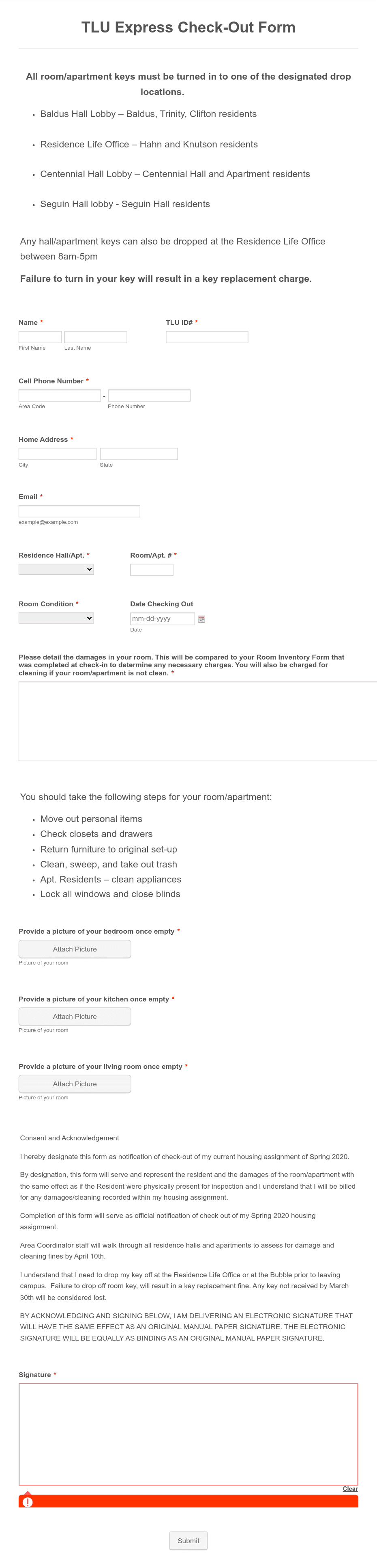 TLU Housing Express Check-out Form Template | Jotform